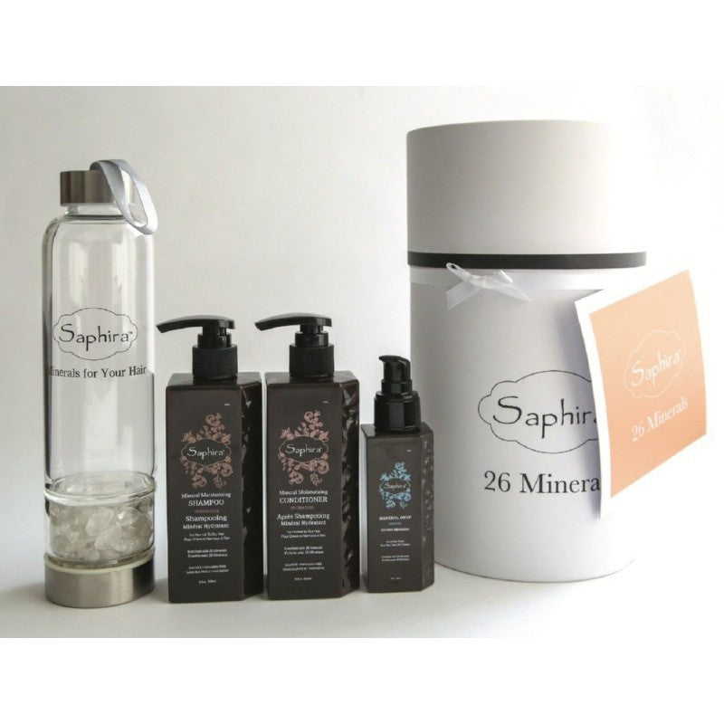Plaukų priežiūros priemonių rinkinys Saphira Hydrate Cylinder Box SAFHCB, sudaro 3 priemonės su Negyvosios jūros mineralais ir stiklinė gertuvė +dovana Previa plaukų priemonė