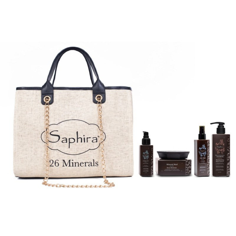Набор средств по уходу за волосами Saphira Steppin-Out Bag SAFSOBAG2, включает: шампунь 250 мл, маску для волос 250 мл, многофункциональное средство для волос 150 мл, масло для волос 90 мл, сумочку.