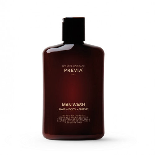 PREVIA Man Wash Energising Cleanser Vyrų šampūnas, dušo želė ir skutimosi priemonė 250ml +dovana 3 vnt previa mėginukų