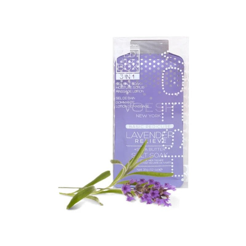 Foot treatment Voesh Basic Pedi In A Box 3 in 1 Lavender Relieve VPC118LVR, with shea butter, lavender extracts, nourishes the skin of the feet