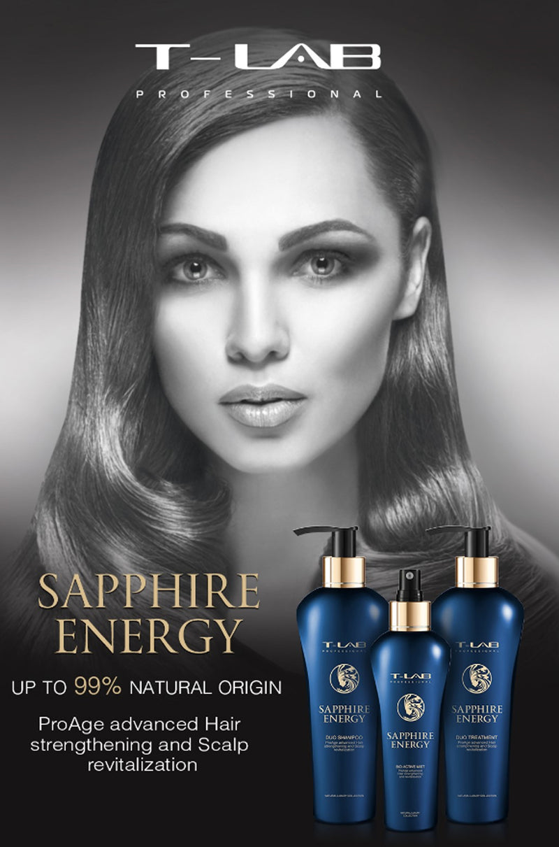 T-LAB Professional Sapphire Energy Duo Shampoo Šampūnas plaukų stiprinimui ir anti-senėjimo poveikis 300ml +dovana prabangus namų kvapas su lazdelėmis