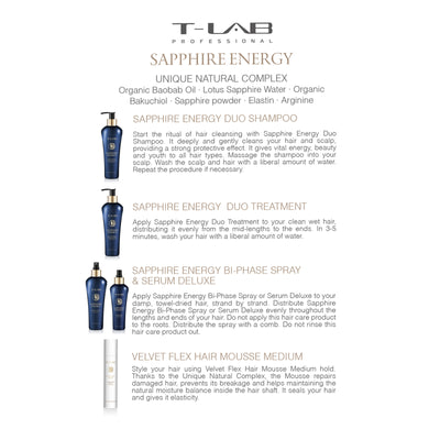 T-LAB Professional Sapphire Energy Duo Shampoo Shampoo for hair strengthening and anti-aging effect 300ml + gift of luxurious home fragrance with sticks 