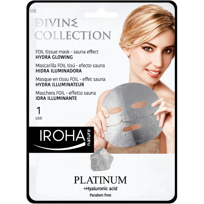 Skin brightening face mask Iroha Divine Collection FOIL Tissue Mask Hydra Glowing MTIN15, with platinum and hyaluronic acid, 25 ml