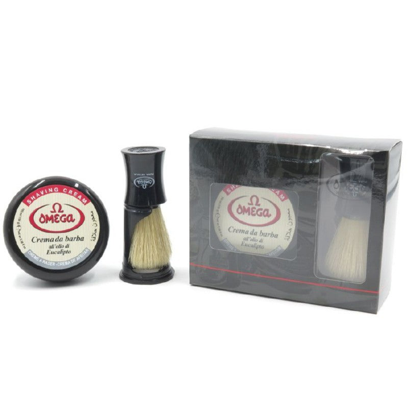 Skutimosi priemonių rinkinys Omega Shaving Brush + Cream OM5981818, rinkinį sudaro: šepetėlis (juodos spalvos) ir skutimosi kremas, 165 ml