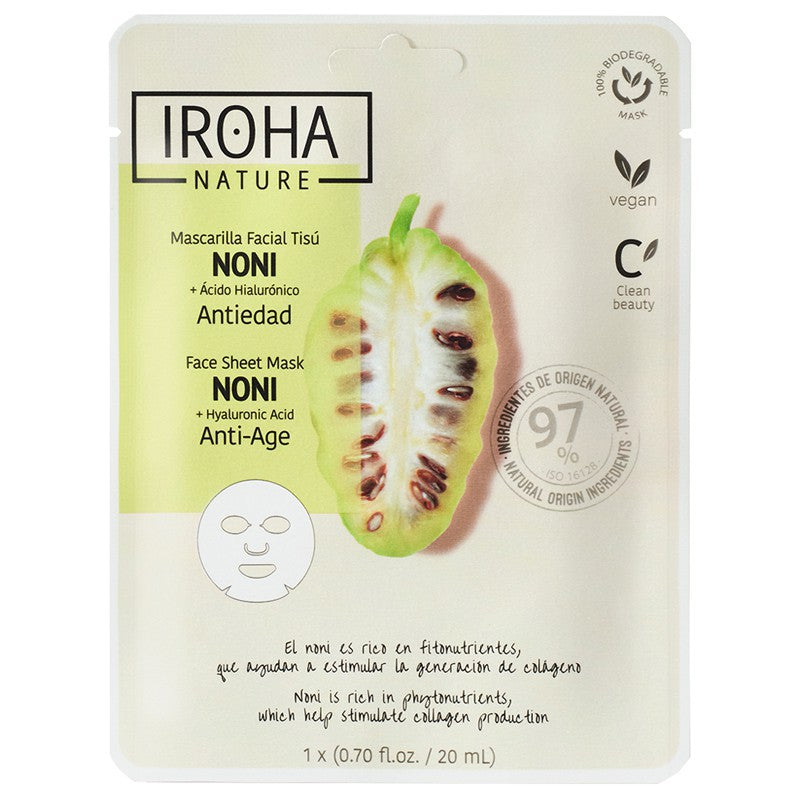 Firming face mask Iroha Anti-Age Face Sheet Mask With Noni &amp; Hyaluronic Acid MTIN28, with morinda and hyaluronic acid