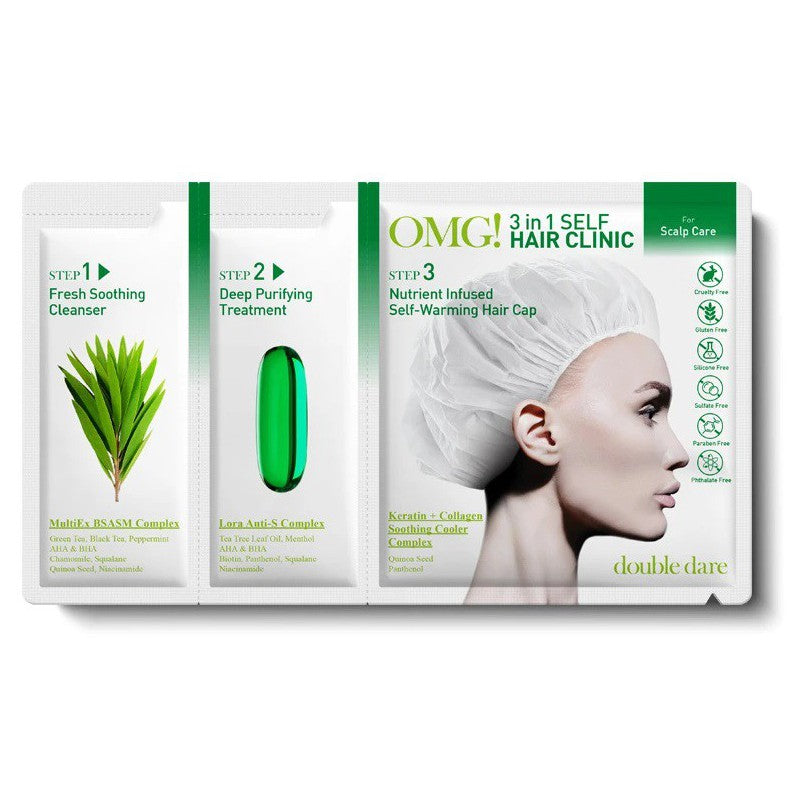 Trijų žingsnių plaukų ir galvos odos procedūra OMG! 3 in 1 Self Hair Clinic For Scalp Care: šampūnas, 12 ml, kaukė, 12 ml, ir maitinanti, šildanti kaukė - kepurėlė, 10 ml