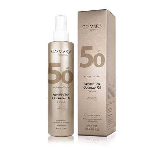 Sausas aliejus kūnui Casmara „Vitamin Tan Optimizer“, CASA05001, skirtas apsaugoti kūno odą saulės vonių metu, išgauti tolygų odos įdegį, turi SPF 50 apsaugą, 200ml