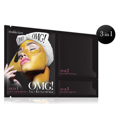 Veido priežiūros priemonių rinkinys OMG! 3 IN 1 KIT Peel Off Mask: paakių pagalvėlės su auksu, valomoji veido bei kaklo kaukė, odą drėkinantis kremas-Beauty chest