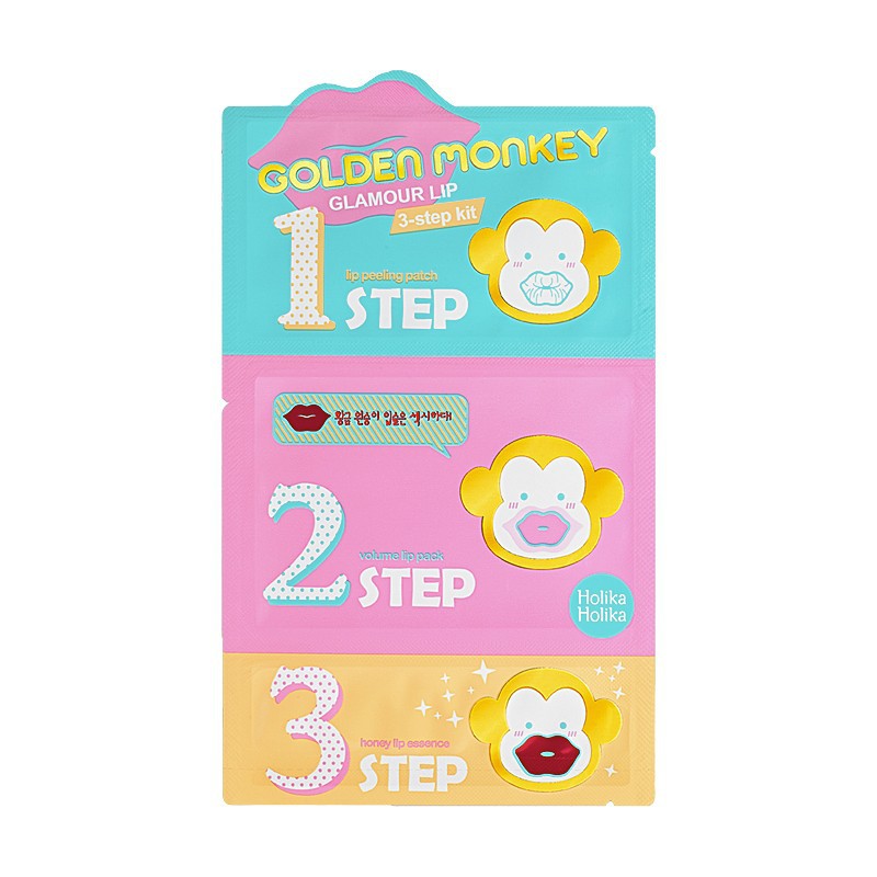 Vienkartinė lūpų kaukė Holika Holika Golden Monkey Glamour Lip 3 - Step Kit 3 žingsniai