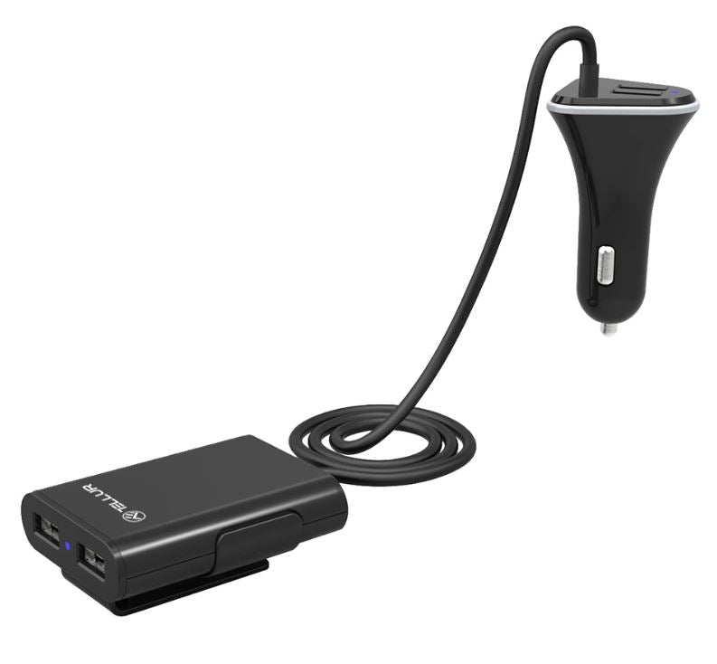 Автомобильное зарядное устройство Tellur с удлинителем, 4*USB, 9,6А, 1,8м чёрное