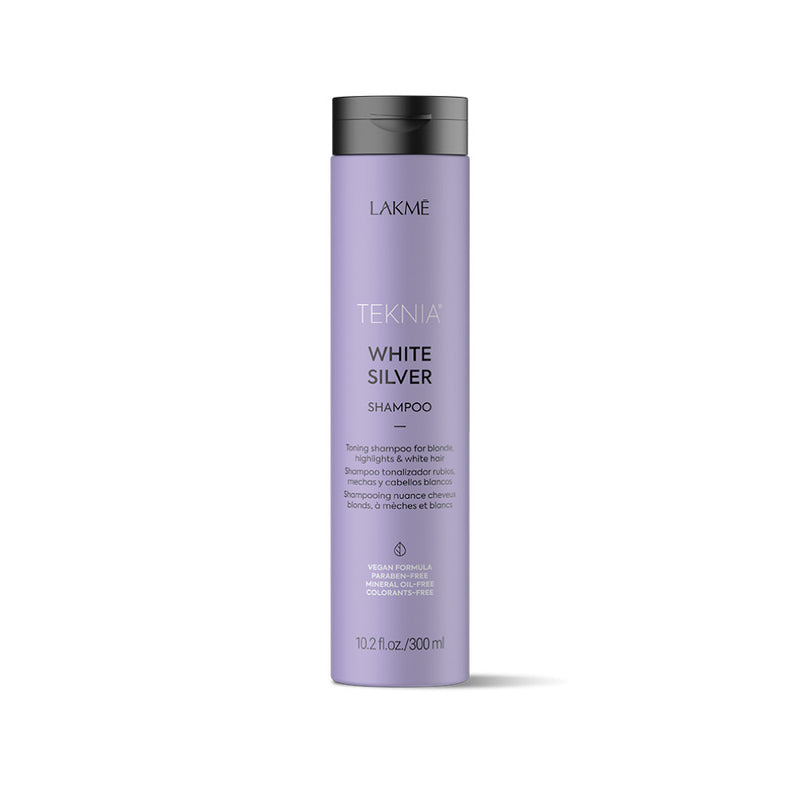 Geltoną atspalvį neutralizuojantis šampūnas plaukams Lakme Teknia White Silver Shampoo +dovana Previa plaukų priemonė